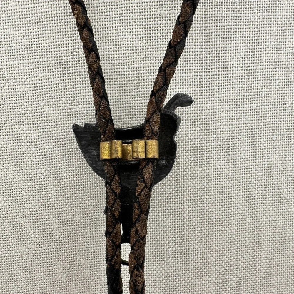 Vintage Western Bolo Tie Silver Tone Horse Saddle Slide Braided Leather Cord Y2K